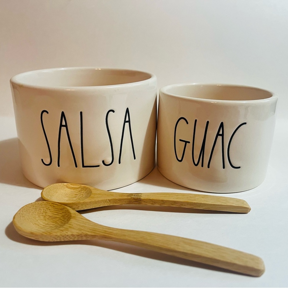 Rae Dunn Cream Ceramic Salsa and Guac Bowl Set with Wooden Spoons